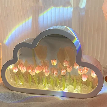 El yapımı DIY Bulut Lale Ayna Küçük Gece Lambası Kız Yatak Odası Süsler Yaratıcı Fotoğraf Çerçevesi aynalı masa Lambaları Doğum Günü Hediyeleri