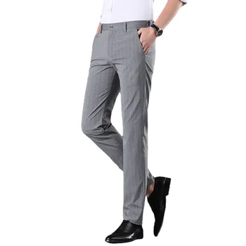 Erkekler iş yüksek kaliteli rahat zarif pantolon pamuk yumuşak gevşek şerit pantolon takım elbise pantolon esneklik