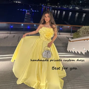 Sarı Pleats Çiçek Straplez Abiye Draped Saten Uzun Arabistan Dubai Resmi Elbise Kadınlar Balo Parti Törenlerinde Kat Uzunluk