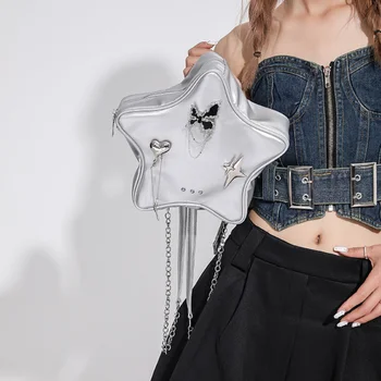 MBTI Tasarımcı Yıldız Şekli Sırt Çantaları Kadınlar için Kelebek Aşk Kalp omuzdan askili çanta Gümüş Zincir Harajuku Moda Bayan Deri Çanta