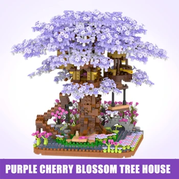 Mini Mor Kiraz Çiçeği Ağaç Ev DIY Bitki Bonsai Yapı Taşı Çiçek Ev Süsleme çocuk Yetişkin Montaj Oyuncak Hediye