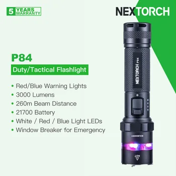 Nextorch P84 yüksek güç görev/taktik el feneri ile kırmızı / mavi uyarı ışıkları, 3000 lümen 21700 pil, tip-C şarj edilebilir