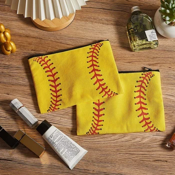 50 adet Kozmetik Çantaları Sarı Beyaz Beyzbol Baskı Tuval Ruj Saklama Çantası