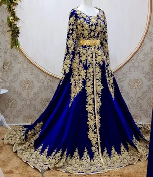 Lüks Kraliyet Mavi Akşam Elbise Kadınlar için Uzun Kollu Altın Aplikler Pelerin ile Parti Resmi للحفلات الراقص Zarif 2023