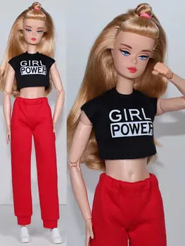 Siyah Kırpma Üst ve Kırmızı Pantolon 30cm Bebek Kıyafetleri Seti Barbie Giysileri barbie oyuncak bebek Giysileri Gömlek Pantolon 1/6 Aksesuarları Oyuncaklar