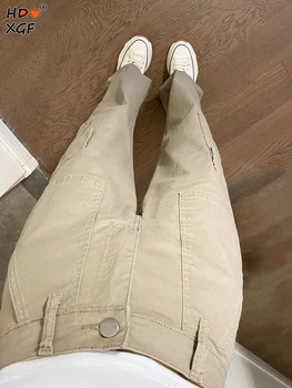 Harajuku Moda Çoklu Cepler Düz Renk Haki Düz Kot Kadınlar İçin Yüksek Bel Fermuar Pantolon Streetwear Y2k Baggy Kot Pantolon