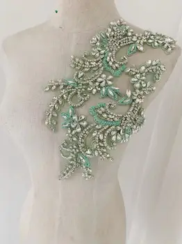 Popüler Nane Yeşil Kristal Çiçek aplike süsü Fransız Boncuk El Yapımı suni elmaslı yama Mor Gelin Elbise, Balo Dekor