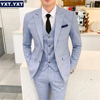Erkek Takım Elbise 2023 Yeni Mavi Ekose Sıska İngiliz Blazers Ceket Pantolon Yelek 3 Parça Setleri erkek Resmi Düğün Balo Elbise Giyim