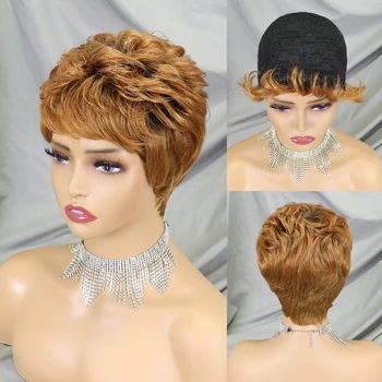 Kısa Peri Tam Peruk Peri Kesim Peruk Düz Brezilyalı Remy Saç Kahverengi Renk insan saçı peruk Makine Yapımı Peruk Kadınlar İçin