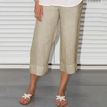 Kadın Moda Pantolon Düz Renk Pamuk Keten Keten Elastik Uzun Vintage Elastik Bel Pantolon Plaj Eğlence Kırpılmış Pantolon