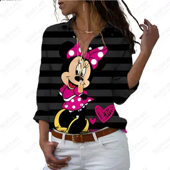 Yeni 2023 Disney Harajuku Slim Fit 3D Baskılı kadın Düğme Uzun Kollu Polo Yaka Mickey Minnie Donald Ördek Rahat Sevimli Gömlek