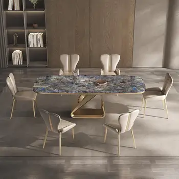 Lüks Mutfak Masaları Altı Sandalye Mavi Tasarım masa çerçevesi Granit Mermer Panel Tezgah Balkon Mesas De Comedor Otel Mobilyaları