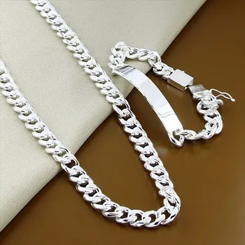Asil Güzel 925 Ayar Gümüş Katı 10mm Zincir Kolye Bilezik Takı Setleri noel hediyesi Moda Erkekler için 50/55/60CM