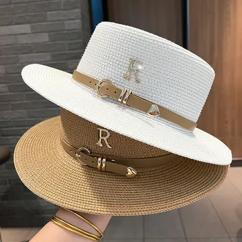 2023 Yeni Metal R Mektup Toka Hasır Şapka Eğlence Yaz Güneş Koruyucu Şapka kadın Moda plaj şapkası Vintage Şapka Kilise şapkaları