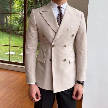 Düz Renk beyefendi Kruvaze Takım Elbise İş Zarif günlük giysi erkek ceket İngiliz İnce Profesyonel resmi giysi