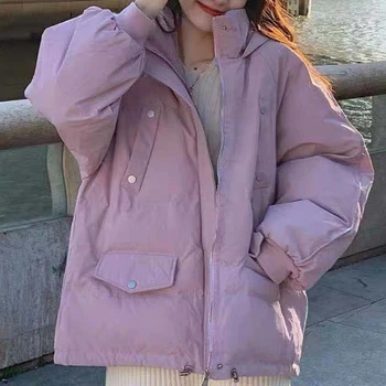 2021 Kış Kirpi Mont İpli Sıkın Öğrenci Kısa Harajuku Ceket Palto Kadınlar Katı Renk Gevşek Kapşonlu Casual Parkas