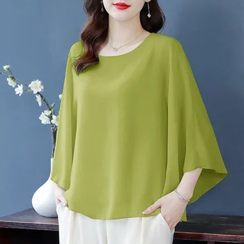 Şık Düz Renk Tüm Maç Batwing Kollu Bluz kadın Giyim 2023 Yaz Yeni Gevşek Casual Kazaklar Şifon Kore Gömlek