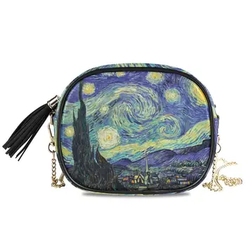 Sıcak Küçük omuzdan askili çanta Kadın postacı çantası Bayanlar Retro Deri Van Gogh Yağlıboya Çanta Çanta çapraz vücut kadın çantası