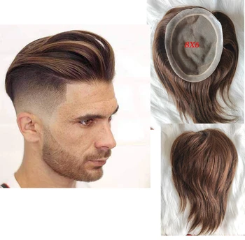 Mono Dantel avrupa insan saçı Erkekler Peruk Postiş Poli Cilt Etrafında Saç Sistemi Dayanıklı NPU Peruk Peruk 6X8 Açık Kahverengi Renk