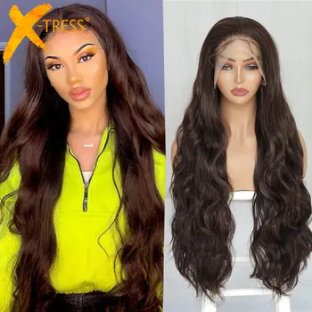 X-TRESS Uzun Vücut Dalga Sentetik Dantel Ön Saç Peruk Bebek Saç ile Doğal Görünümlü Kahverengi Renk 13X4 Dantel Peruk Siyah Kadınlar için