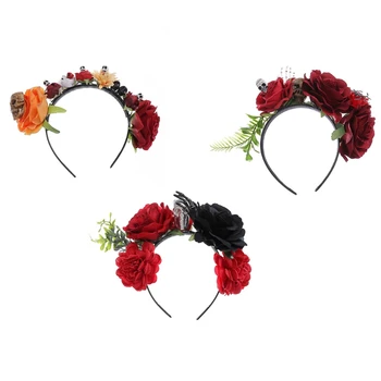 Cadılar bayramı Saç Çember Gül Kafatası Kafa Bandı El Yapımı Çiçek Kafatası Headdress çiçekli saç bantları kostümlü oyun saç aksesuarları