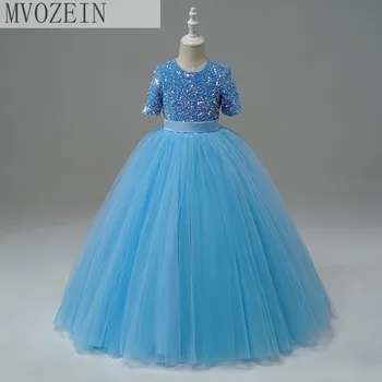 Mvozeın Glitter Kabarık Dantel Kız Prenses Elbiseler Dantelli Kısa Kollu Çiçek Kız Elbise Sevimli Küçük Kız İlk Communion elbise