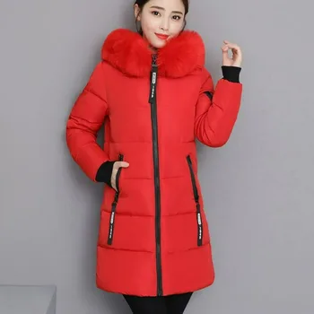 2023 Yeni Kadın Pamuk Ceket Kış Ceket Kadın Kapşonlu Parkas Orta Uzunlukta Versiyonu Dış Giyim Yapay Kürk Yaka Palto