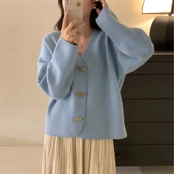 Sonbahar ve kış yeni V Yaka korna düğmesi örme hırka kadın üst Kore versiyonu yumuşak yapışkan kazak ceket kadın