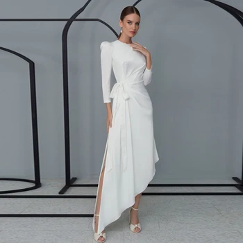 Modern Asimetrik Yan Yarık düğün elbisesi O Boyun Uzun Kollu Fermuar Geri Benzersiz gelin kıyafeti Kadın Parti Vestido Novia
