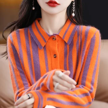 100 % Saf Yün Kazak kadın Rahat Örme Çizgili Hırka Kore Moda Ceket Bahar ve Sonbahar Kaşmir Gömlek