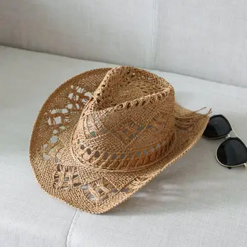 El yapımı Kovboy Hasır Şapka Klasik Vintage Hollow Out Unisex Kıvrılmış Kenar Geniş Ağız Erkekler güneş şapkası balıkçı şapkası Seyahat plaj şapkaları