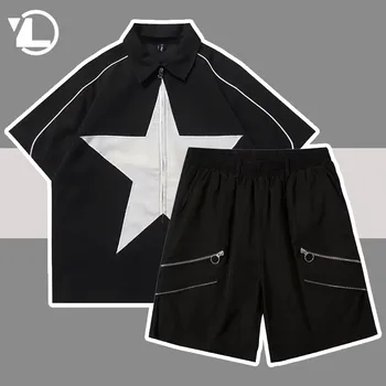 Japon Yıldız Yama Setleri Erkek Kadın Hip Hop Streetwear Fermuar Gömlek + Rahat Şort 2 Adet Set Unisex Retro Y2k Yarım Kollu Takım Elbise