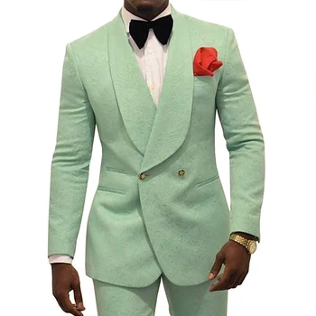 Nane Yeşil Çiçek Slim Fit Erkek Takım Elbise Kruvaze Düğün Damat Smokin 2 Parça Ceket Pantolon Balo Parti Takım Elbise