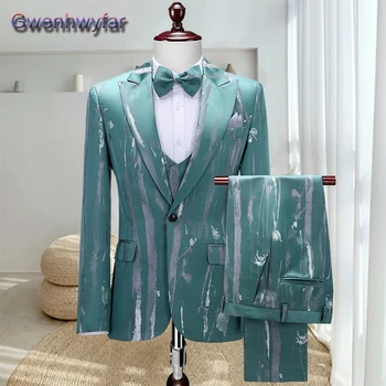 Gwenhwyfar Yeni erkek Giyim Baskı Yüksek Kaliteli Parti Veste Kostüm 3 Adet Takım Elbise Erkek Slim Fit Damat Düğün Smokin Blazer Masculino