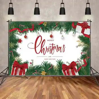 ay.QG Zemin Merry Christmas Afiş Kırmızı Kurdele Hediye Yeşil Çam Duvar Arka Plan Çocuklar Yıldız Kar Tanesi ampul ışık fotoğraf kabini