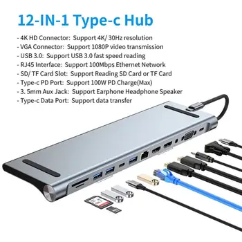 12-in-1 Tip-C Hub USB 3.0 Çift HDMI uyumlu 4K RJ45 VGA USB 3.0 kablo ayırıcı Yerleştirme İstasyonu Adaptörü İle Ses 3.5 mm