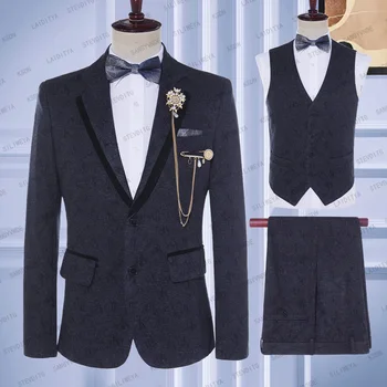 2023 Moda Yeni Erkek Rahat İş Koyu Gri Mektubu Desen Siyah Kadife Düğün takım kıyafet 3 Parça Set Ceket Pantolon Yelek