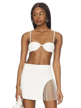 2023 Kadın Yaz Seksi V Boyun Backless İnci Püskül Beyaz Mini Bandaj Etek Seti Ünlü Tasarımcı Moda kadın Seti