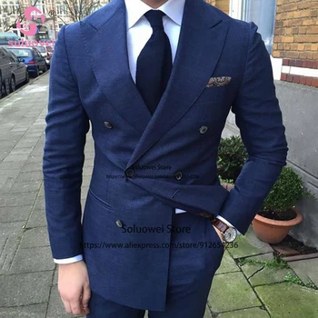 Moda Kruvaze Smokin Damat Düğün İçin 2 Parça Ceket ve pantolon seti Erkek İş Blazer Resmi Doruğa Yaka Erkek Takım Elbise