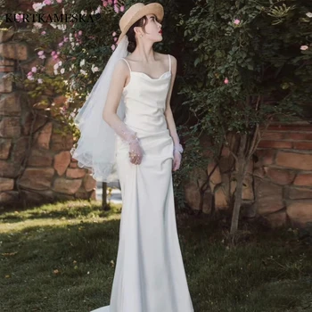 Fransız Beyaz Saten Askı Gelin Düğün Fotoğrafları Elbise Zarif Seksi Backless Basit Uzun Balo Akşam Parti Firar vestidos