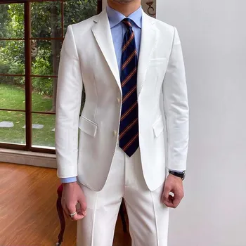 Yeni Moda Erkek Takım Elbise Beyaz Çentik Yaka İki Düğme Erkek Blazer Akıllı Rahat Damat Düğün Smokin Takım Elbise Slim Fit 2 Parça Set