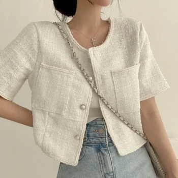 Deeptown Kısa Kollu Ceketler Kadın Tüvit Kore Moda Şık ve Zarif Yaz Beyaz Kırpılmış Ceketler Ceket Streetwear Estetik