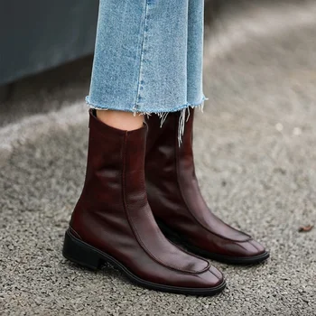 Inek derisi Moda Sonbahar Kış Çizmeler İngiliz Tarzı Kadın yarım çizmeler bayan ayakkabıları Fermuar Kare Ayak Retro Ayakkabı Med Topuk