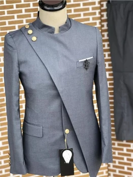 Kruvaze İtalyan Takım Elbise Erkekler için Katmanlı Mandalina Standı Yaka 2 Parça Balo Ceket Pantolon Özel Damat Düğün Smokin