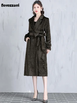 Nerazzurri Sonbahar Kış Uzun Sıcak Şık Zarif Lüks Kabarık Sahte Karakul Koyun Kürk Ceket Kadınlar Sashes Pist Moda 2023