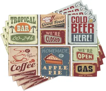 1950 s Yer paspasları 4 Set Vintage Stil İşaretleri Bar Kahve İçecek Tropikal Yıkanabilir Kumaş Placemats yemek masası 12x18 İnç