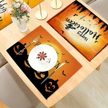 Mutlu Cadılar Bayramı Jack O'lantern Kale Cadı Strawman Dolunay Dekoratif Placemats yemek masası Mutfak Keten 32x42cm