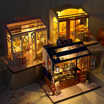 Yaratıcı DIY Dollhouse Kulübe Ahşap Mobilya Ev Gıda Dükkanı Serisi Dollhouse 3D Sevimli Dollhouse Çocuk Noel Oyuncaklar Hediyeler