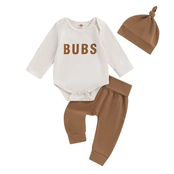 3 Adet Yenidoğan Erkek Bebek Kıyafetler Mektup Romper Uzun Kollu T - Shirt koşucu pantolonu Seti Şapka Sonbahar Giysileri