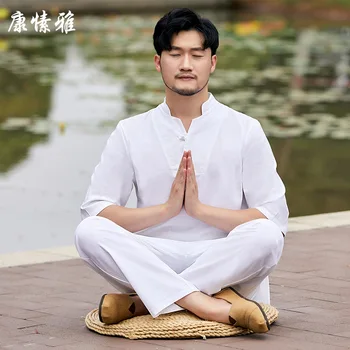 Keten Erkek Dövüş Sanatları Takım Elbise Kung Fu Tai Chi Yoga Giysileri Çin Geleneksel Kazak + pantolon Meditasyon Egzersiz Egzersiz Seti